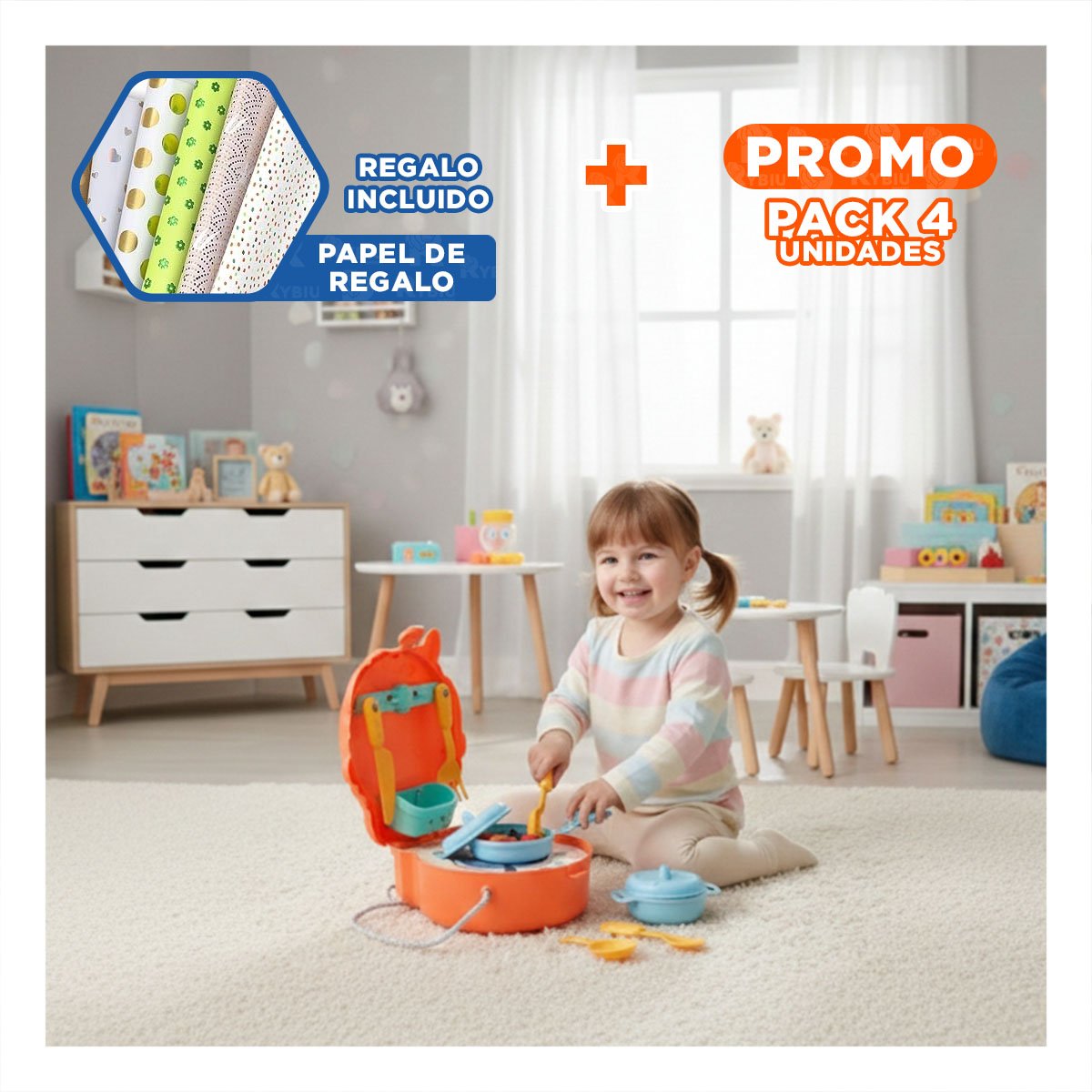 PACK4 SISTEMA INFANTIL UNICORNIO COCINA DE JUEGO CON ACCESORIOS YPAPEL REGALO - 1