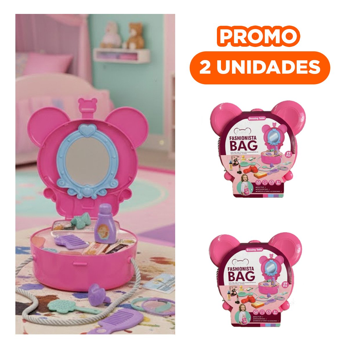PACK2 KIT INFANTIL DE BELLEZA CON OREJITAS Y TOCADOR DE MAQUILLAJE 19 PIEZAS - 1