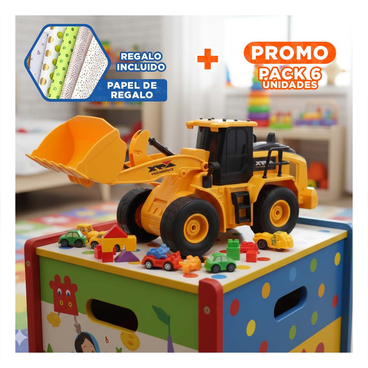PACK6 JUGUETE EXCAVADORA A CONTROL REMOTO BRAZO DELANTERO INFERIOR AMARILLO YPAPEL REGALO - 1