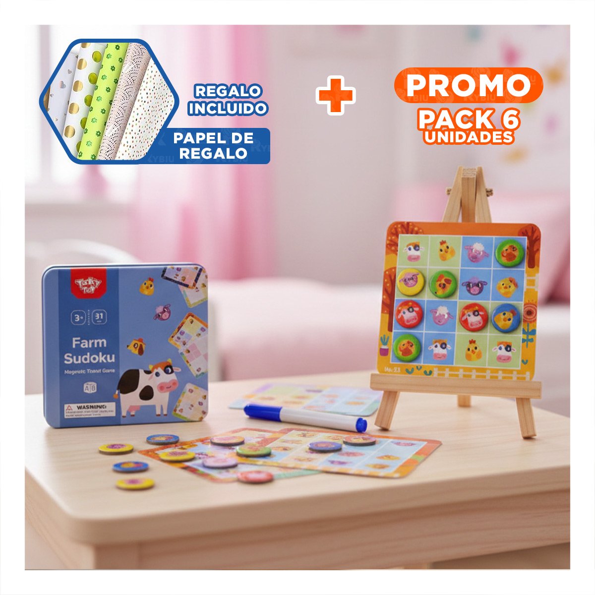 PACK6 ELEMENTO COGNITIVO DE SUDOKU DE GRANJA CELESTE DIDACTICO INFANTIL YPAPEL REGALO - 1