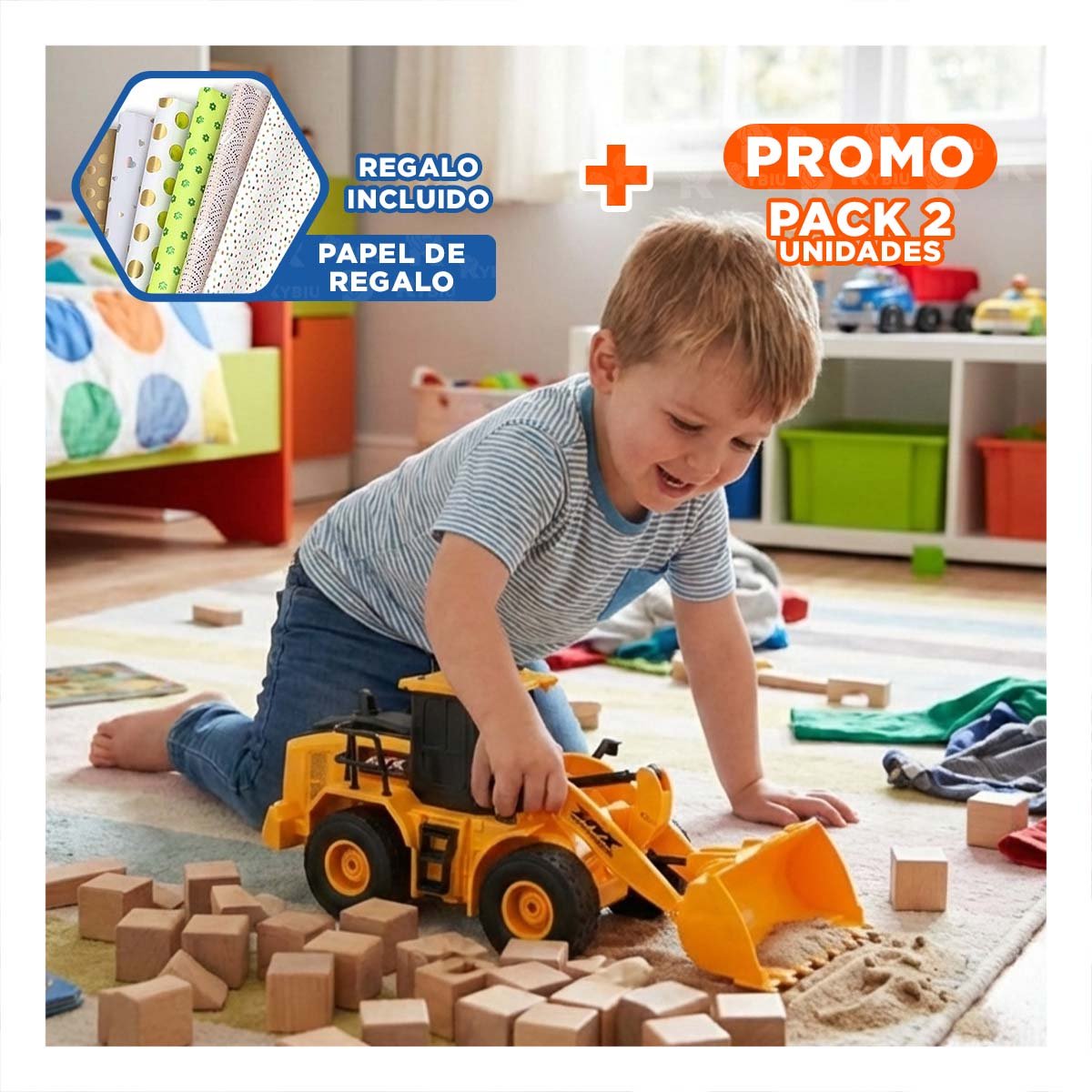 PACK2 JUGUETE INFANTIL EXCAVADORA A CONTROL REMOTO BRAZO INFERIOR AMARILLO YPAPEL REGALO - 1