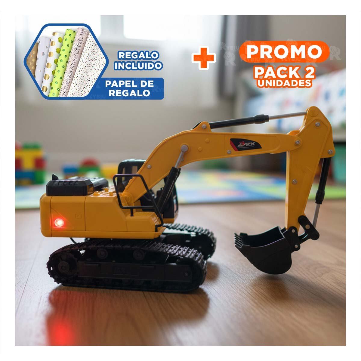 PACK2 VEHICULO DE OBRA EXCAVADORA A CONTROL REMOTO BRAZO LARGO AMARILLO YPAPEL REGALO - 1