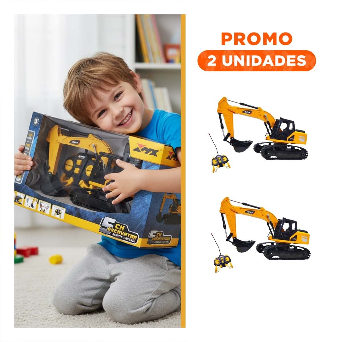 PACK2 JUGUETE DE OBRA EXCAVADORA A CONTROL REMOTO BRAZO LARGO AMARILLO - 1