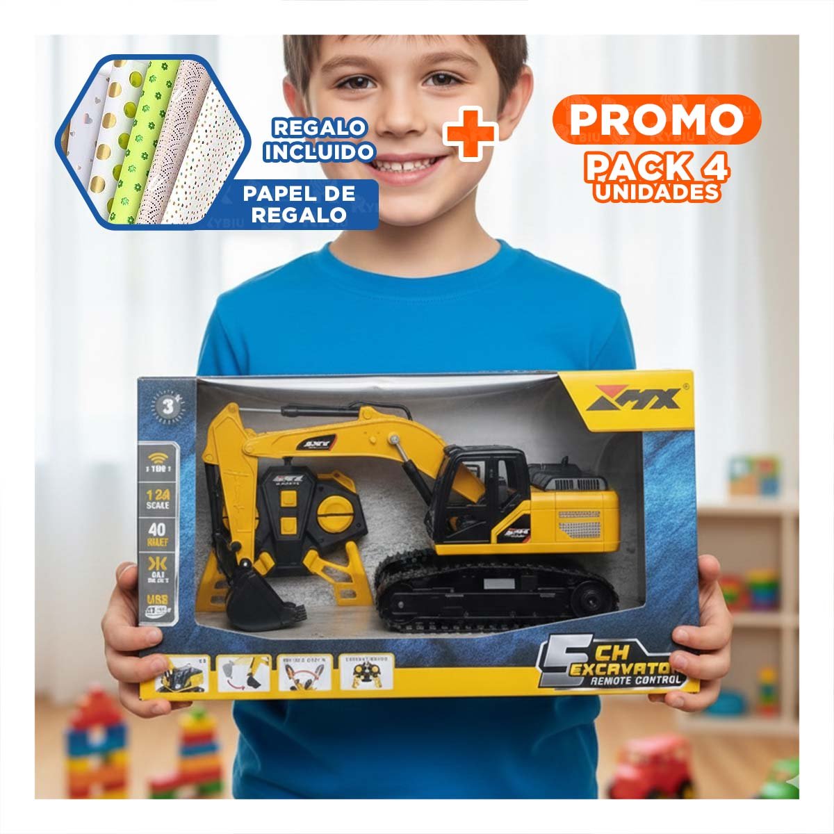 PACK4 EQUIPO DE OBRA EXCAVADORA A CONTROL REMOTO BRAZO LARGO AMARILLO YPAPEL REGALO - 1
