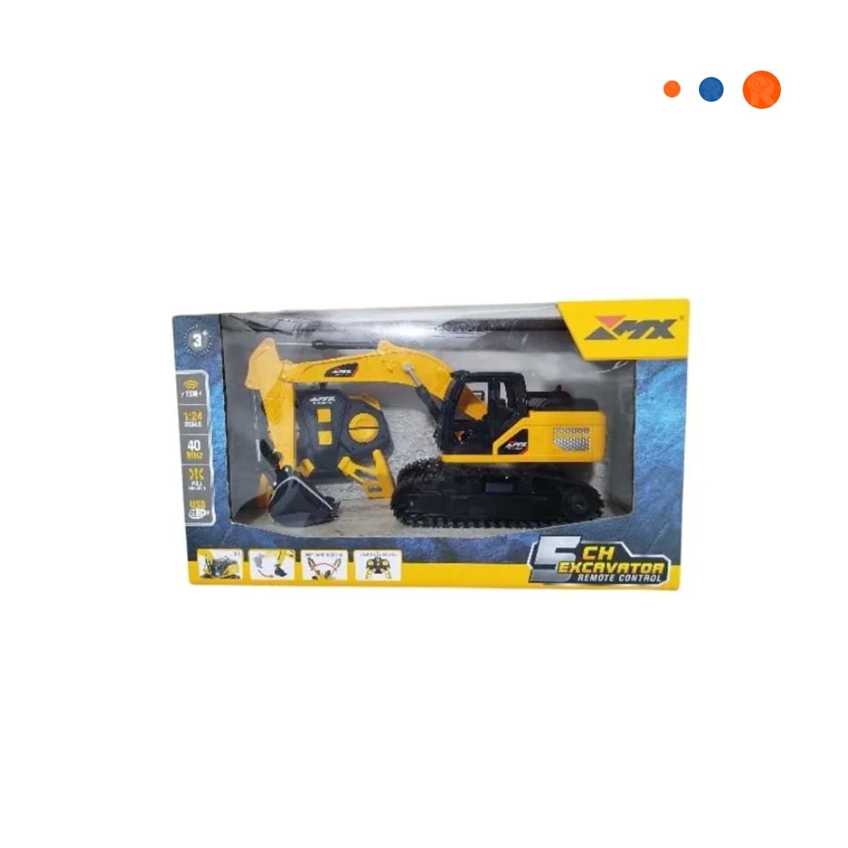 PACK4 EQUIPO DE OBRA EXCAVADORA A CONTROL REMOTO BRAZO LARGO AMARILLO YPAPEL REGALO - 3