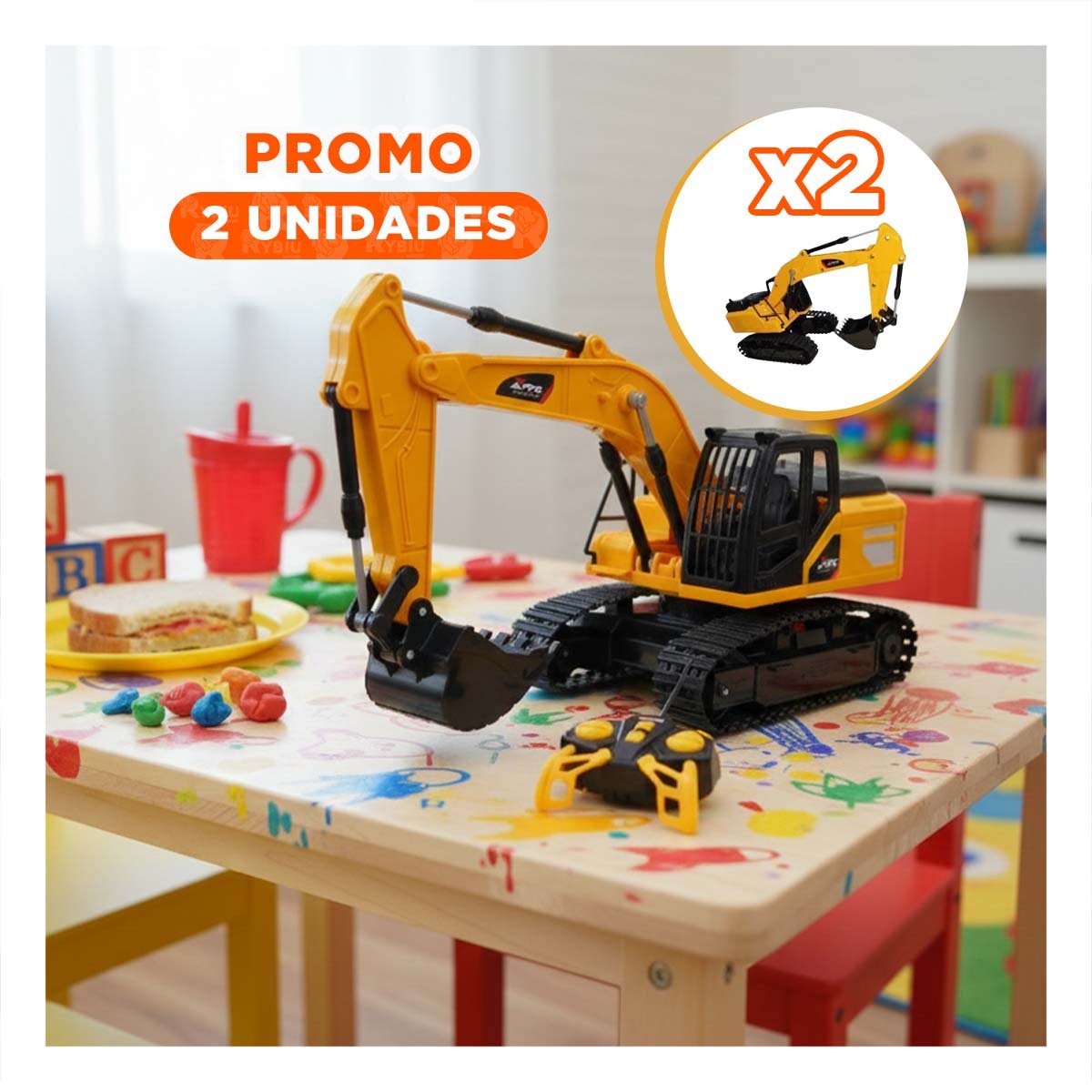 PACK2 MAQUINA DE OBRA EXCAVADORA A CONTROL REMOTO BRAZO LARGO AMARILLO YREGALO STICKER - 1