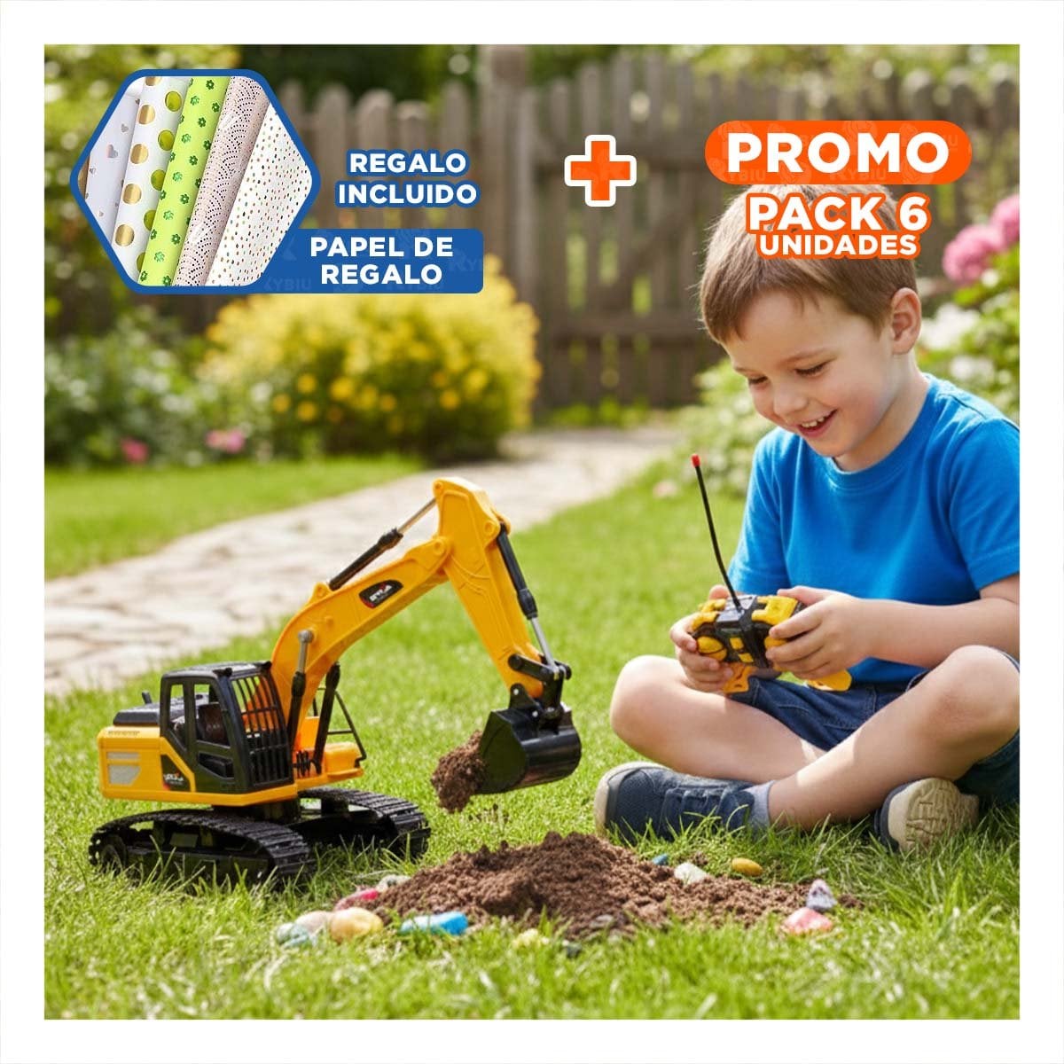 PACK6 MAQUINA INFANTIL EXCAVADORA A CONTROL REMOTO BRAZO LARGO AMARILLO YPAPEL REGALO - 1