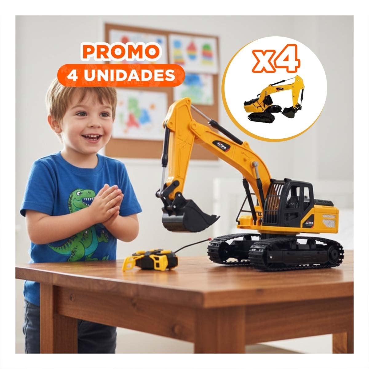PACK4 CAMION DE OBRA EXCAVADORA A CONTROL REMOTO BRAZO LARGO AMARILLO - 1