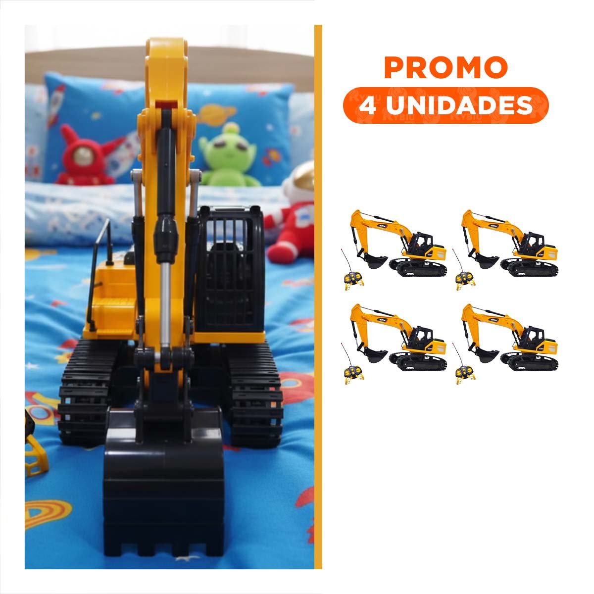 PACK4 JUGUETE INFANTIL EXCAVADORA A CONTROL REMOTO BRAZO LARGO AMARILLO YREGALO STICKER - 1