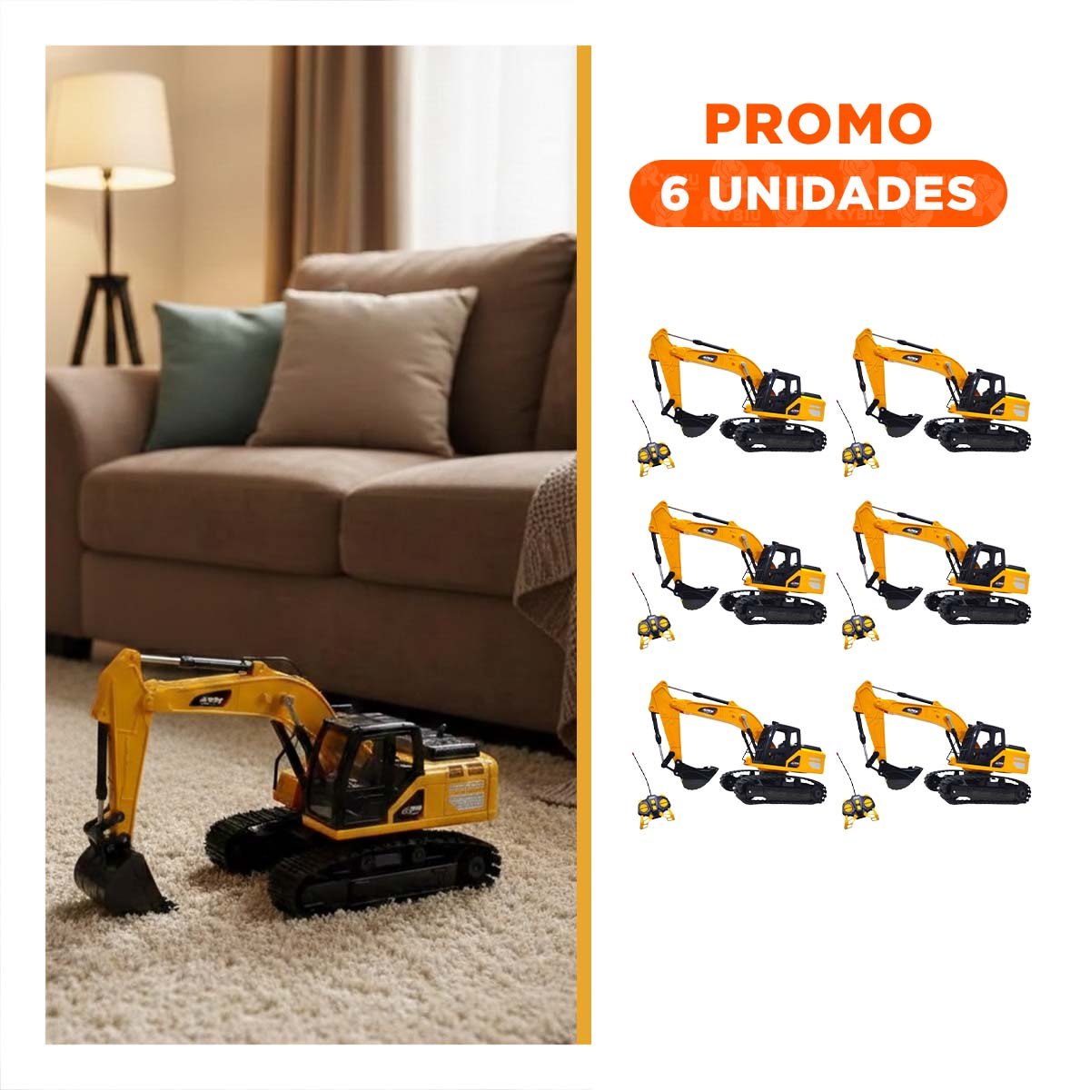 PACK6 VEHICULO INFANTIL EXCAVADORA A CONTROL REMOTO BRAZO LARGO AMARILLO - 1