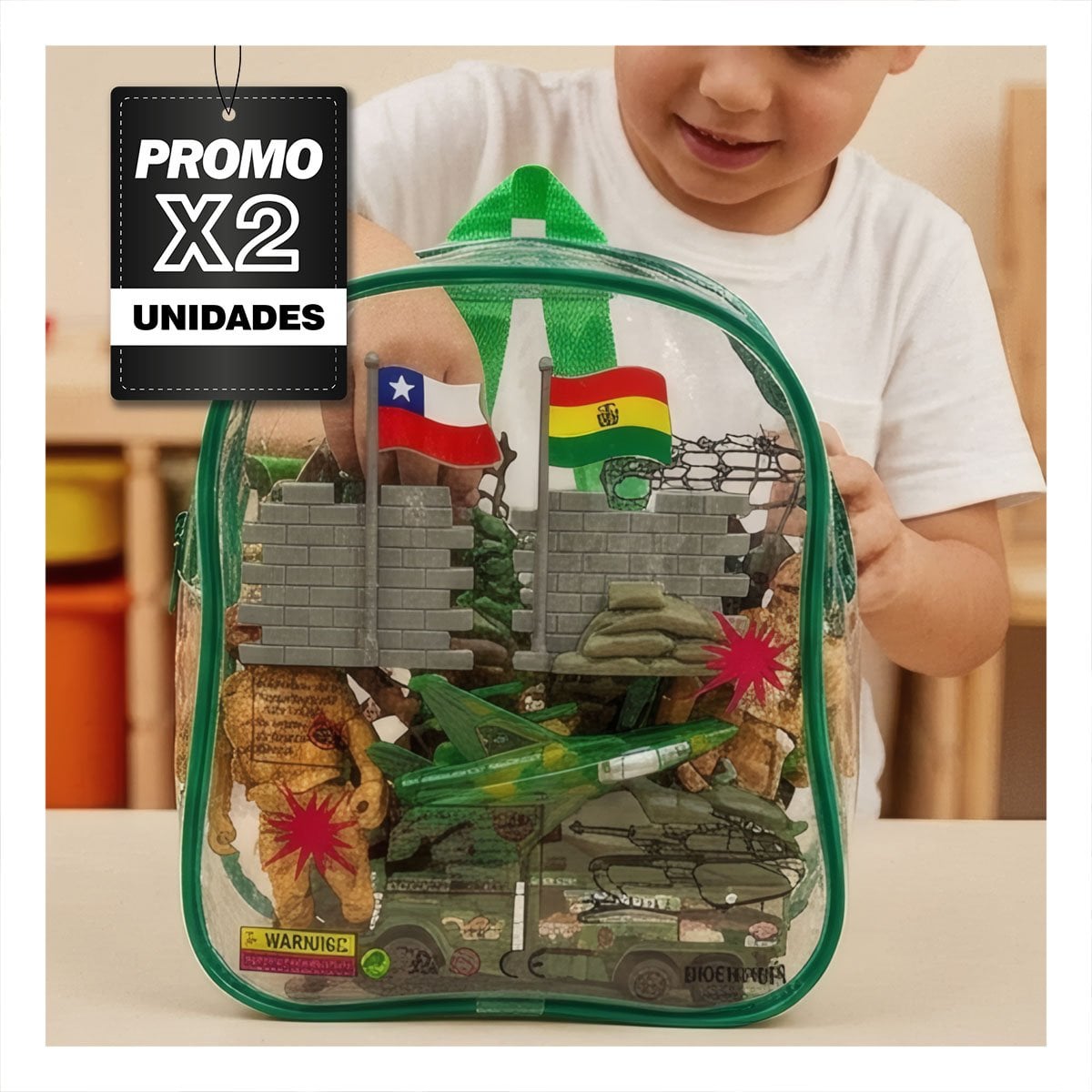 PACK2 FIGURAS RECREATIVAS CON PERSONAJES INFANTILES Y MOCHILA VERDE YPAPEL REGALO - 1