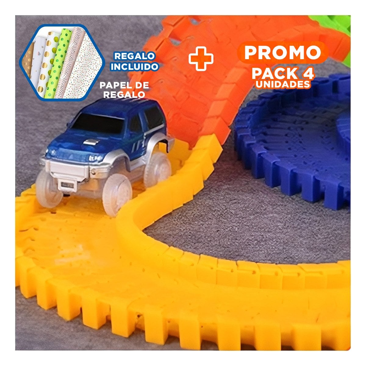 PACK4 PISTA DE COLORES CON CARRO PARA NIÑOS ALEGRE Y COLORIDO YPAPEL REGALO - 1
