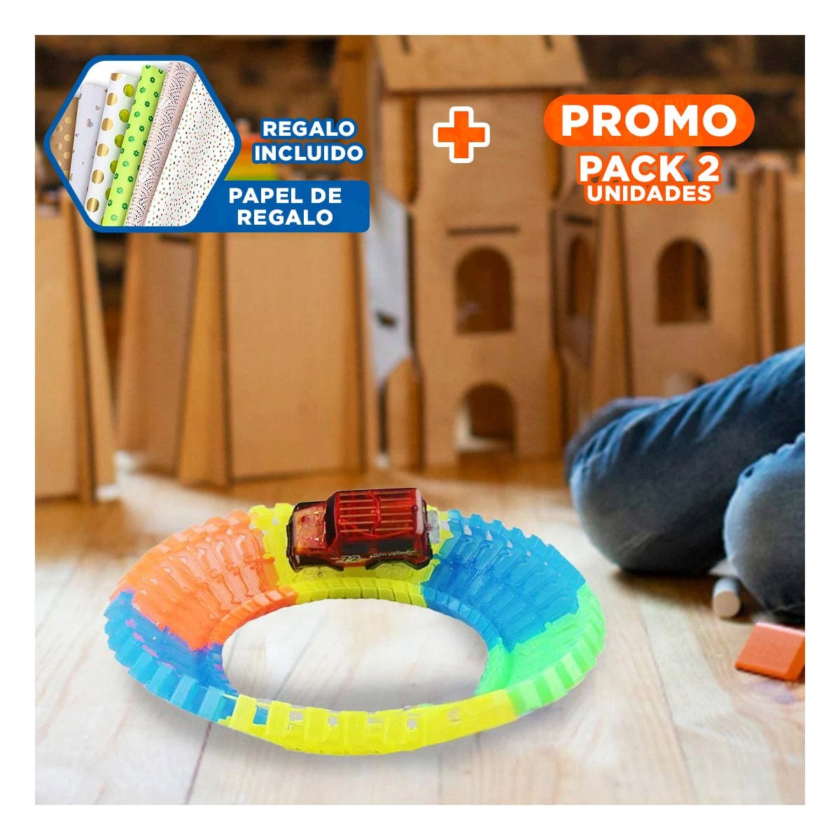 PACK2 TRAYECTO DE COLORES CON CARRO PARA NIÑOS EDUCATIVO Y CREATIVO YPAPEL REGALO - 1