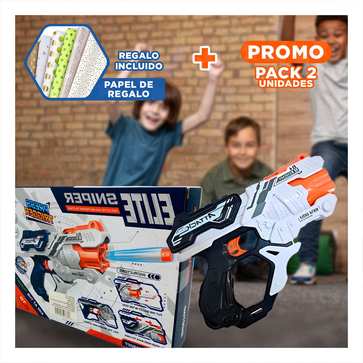 PACK2 LANZADOR DE DARDOS CON LATAS PARA NIÑOS COLORIDO Y DIVERTIDO YPAPEL REGALO - 1