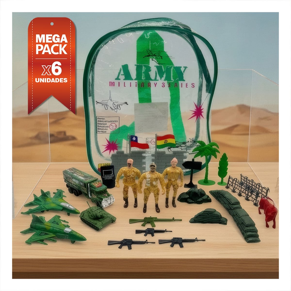 PACK6 SOLDADITOS RECREATIVOS CON MOCHILA VERDE Y FIGURAS INFANTILES YREGALO STICKER - 1