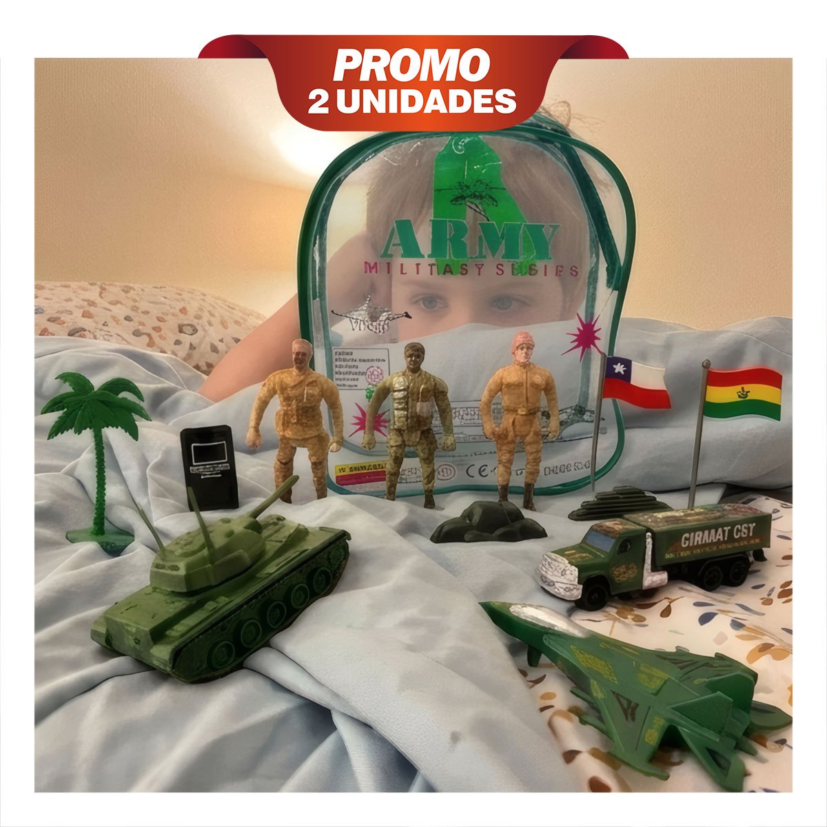 PACK2 SOLDADITOS DE COMBATE CON FIGURAS Y ACCESORIOS EN MOCHILA VERDE YREGALO STICKER - 1