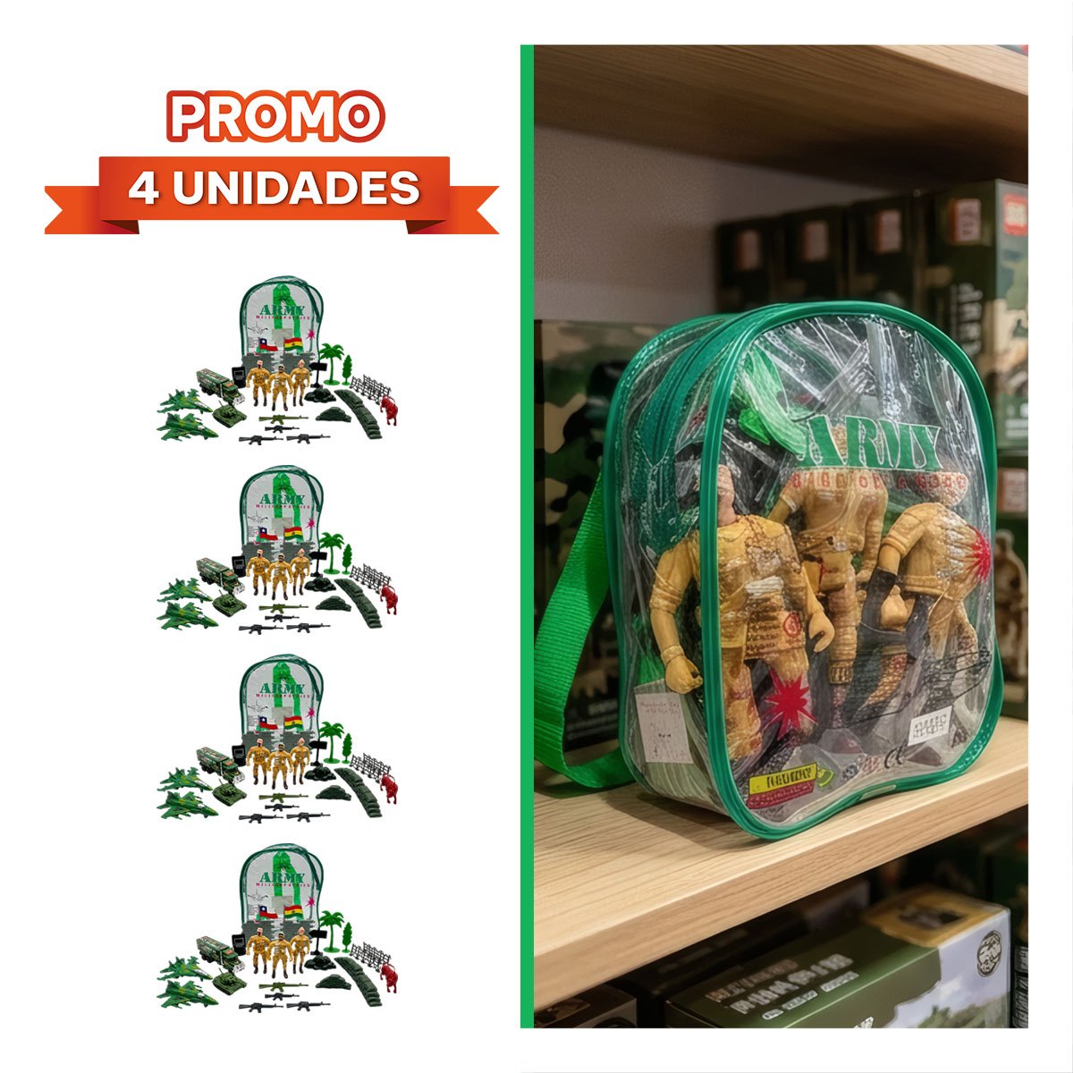 PACK4 MILITARES DE ACCION CON MOCHILA VERDE Y SET PARA NIÑOS - 1