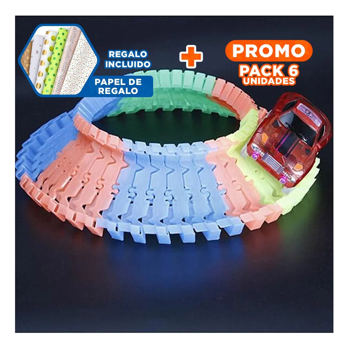 PACK6 PISTA DE COLORES CON CARRO PARA NIÑOS COLORIDO Y DIVERTIDO YPAPEL REGALO - 1