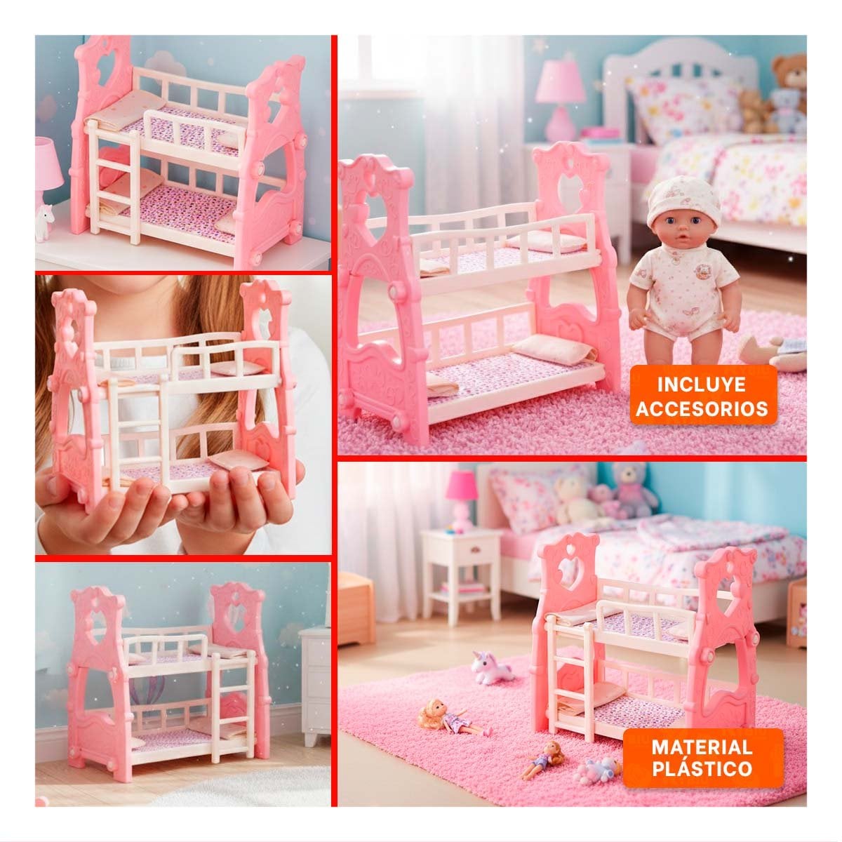 CAMA CAMAROTE PARA JUGUETE PARA JUEGO ORGANIZADO EN CASA EN ROSADO 57X35X57 CM YLIGAS REGALO - 5