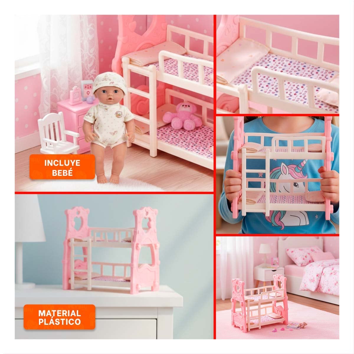 CAMA CAMAROTE PARA JUGUETE INFANTIL PARA JUEGO DE DESCANSO EN ROSADO 57X35X57 CM - 5