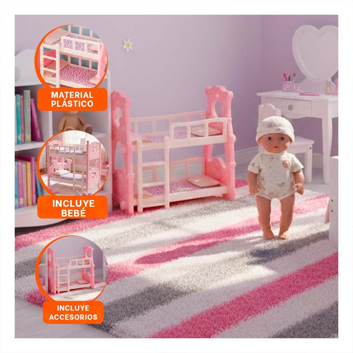 CAMA CAMAROTE PARA JUGUETE PARA JUEGO DIARIO EN EL HOGAR EN ROSADO 57X35X57 CM YPAPEL REGALO - 5