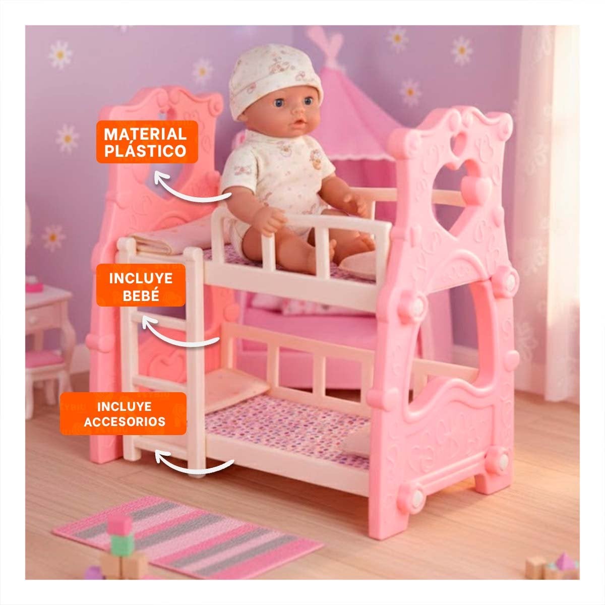 CAMA CAMAROTE PARA JUGUETE PARA JUEGO IMAGINATIVO INFANTIL EN ROSADO 57X35X57 CM YSTICKY - 2