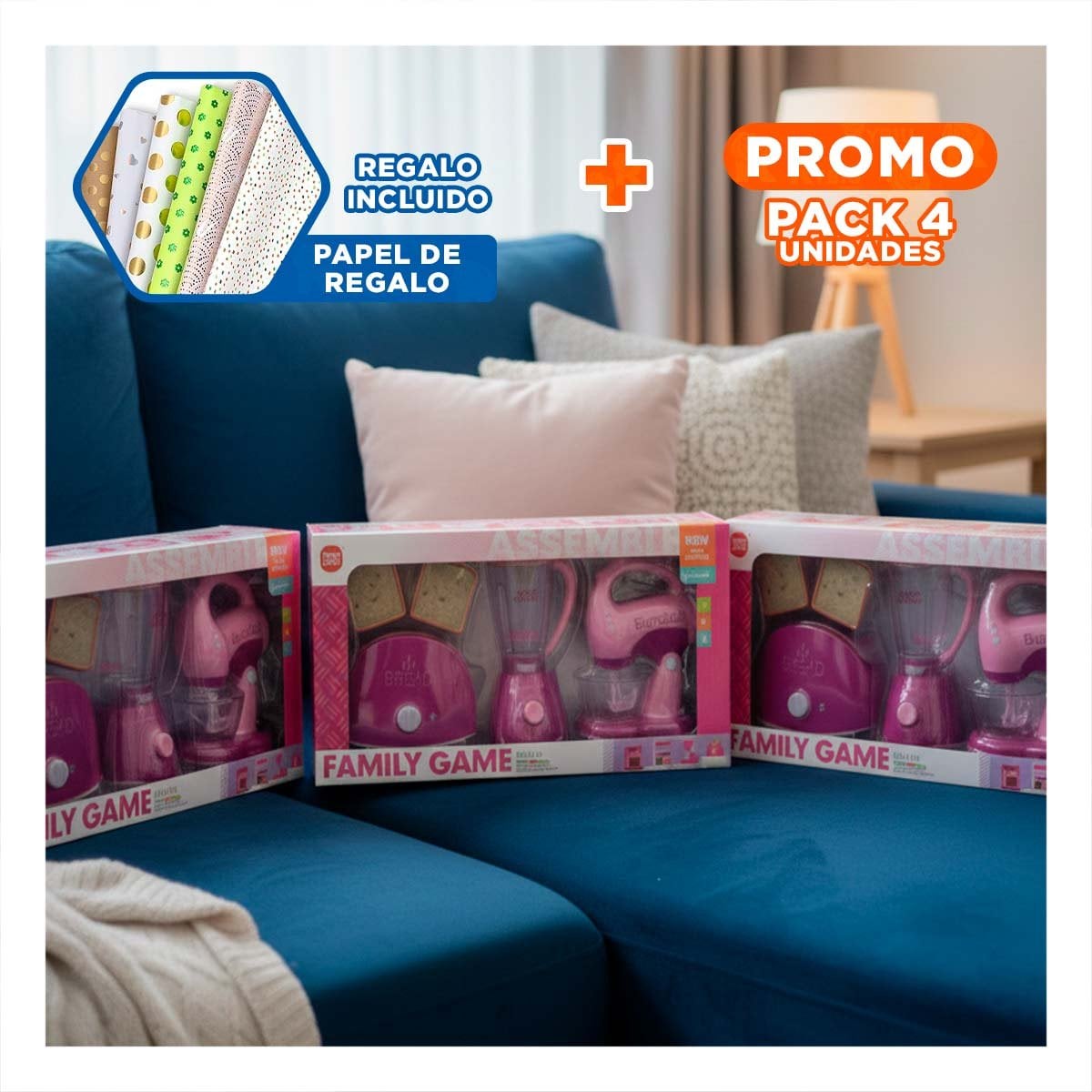 PACK4 COLECCION ELECTRODOMESTICOS ROSADO CON TOSTADORA LICUADORA Y BATIDORA YPAPEL REGALO - 1