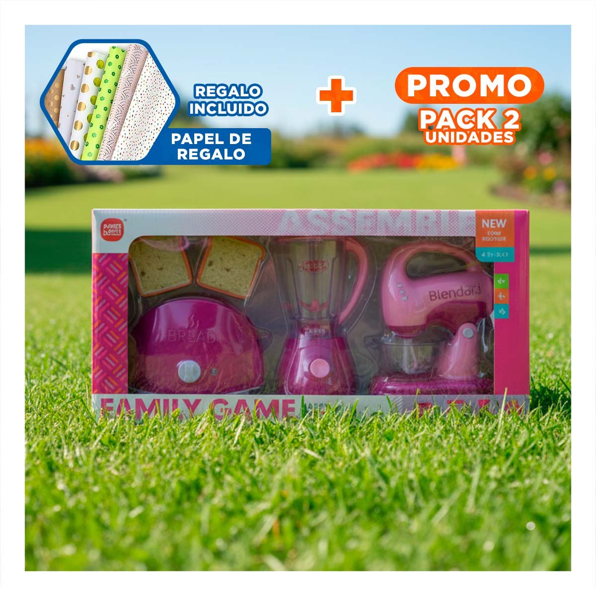 PACK2 EQUIPO ELECTRODOMESTICOS COCINA ROSADO CON TOSTADORA LICUADORA Y BATIDORA YPAPEL REGALO - 1