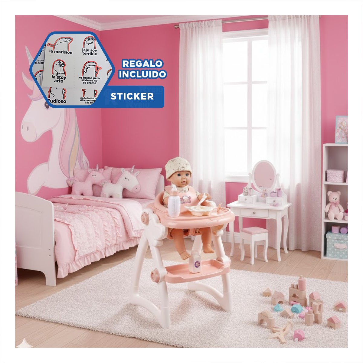 ASIENTO DE COMER Y JUGUETE BEBE PARA JUEGO FAMILIAR ROSADO 37X31X49CM YREGALO STICKER - 1