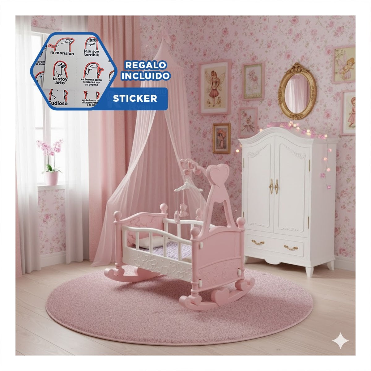 CAMA MECEDORA PARA JUEGO INFANTIL COMO CENTRO DE JUEGO ROSADO 32X53X59CM YREGALO STICKER - 1