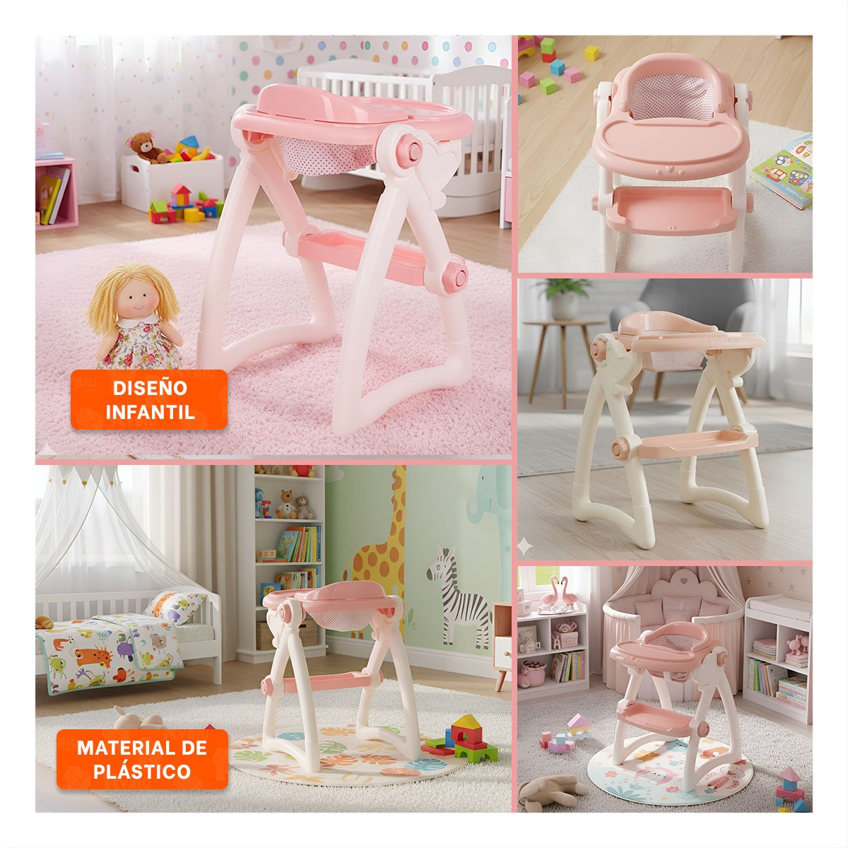 ASIENTO DE COMER PARA JUGUETE BEBE ROSADO PARA JUEGOS DE CUIDADO INFANTIL 37X31X49CM - 5