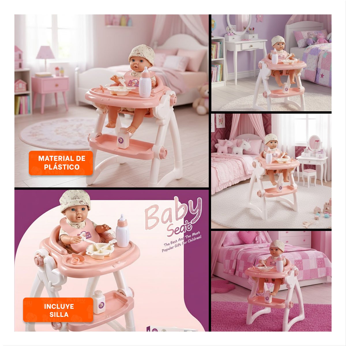 ASIENTO DE COMER Y JUGUETE BEBE PARA JUEGO DE IMITACION INFANTIL ROSADO 37X31X49CM - 5