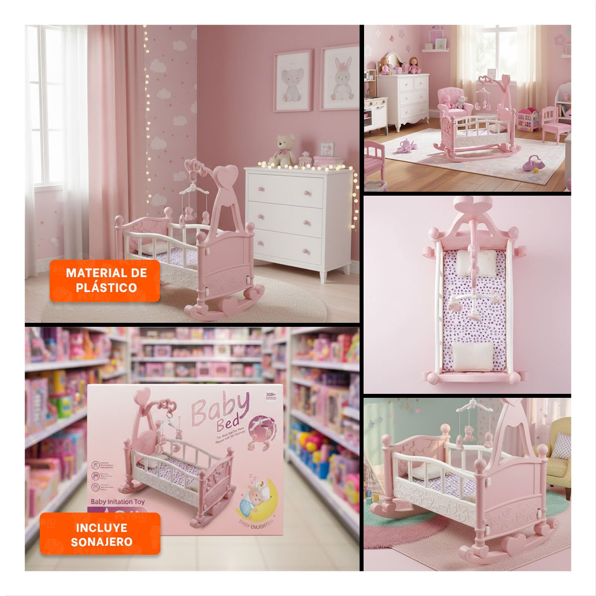 CAMA MECEDORA PARA JUEGO INFANTIL CON BALANCE NATURAL ROSADO 32X53X59CM - 5