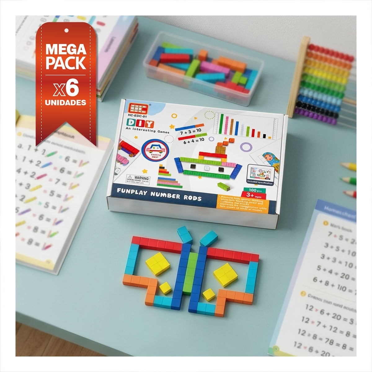 PACK6 PIEZAS MULTICOLOR CON REGLETAS PARA ENSEÑANZA MATEMATICA 100PZ YREGALO STICKER - 1