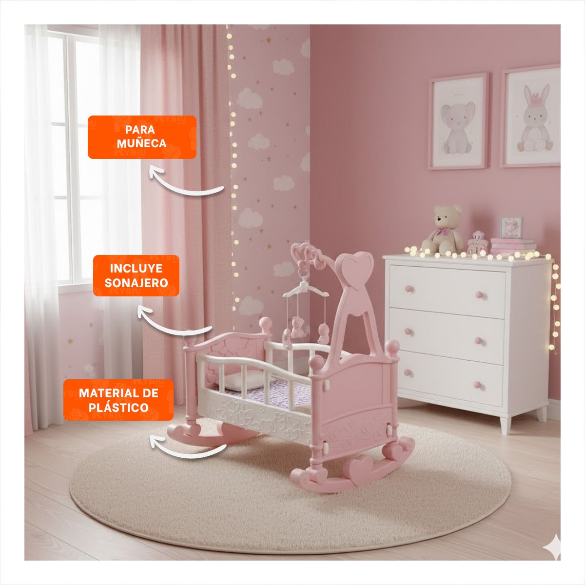 PACK2 MUEBLE MECEDORA PARA JUEGO INFANTIL PARA CUIDADO ROSADO 32X53X59CM YREGALO STICKER - 5