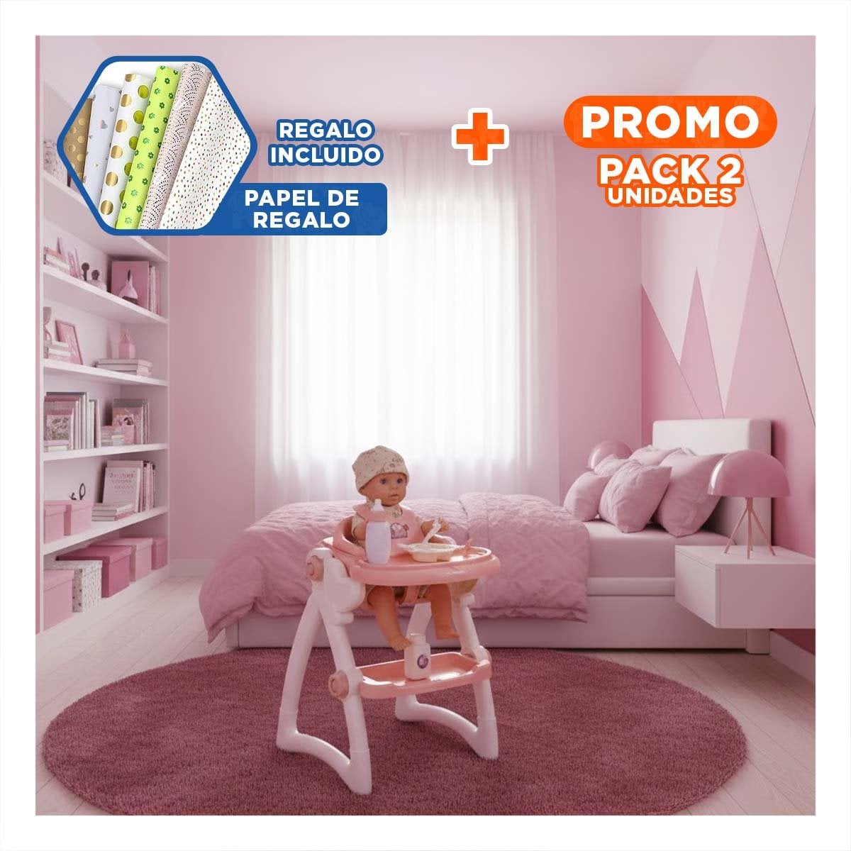 PACK2 SOPORTE DE COMER Y JUGUETE BEBE PARA JUEGO DE ROL ROSADO 37X31X49CM YPAPEL REGALO - 1