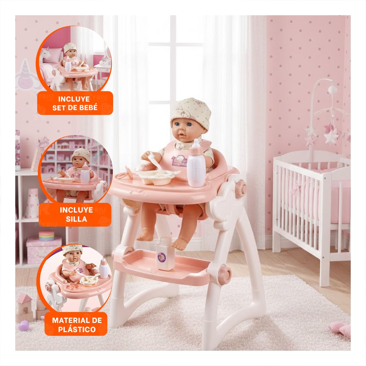 PACK2 SOPORTE DE COMER Y JUGUETE BEBE PARA JUEGO DE ROL ROSADO 37X31X49CM YPAPEL REGALO - 5