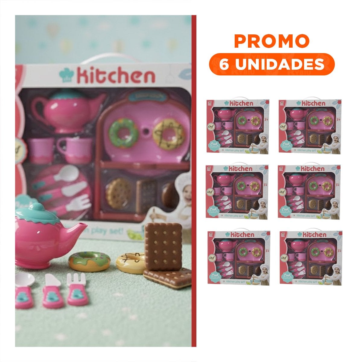 PACK6 TOQUE DONUS Y GALLETAS CON MENAJE ROSADO PARA COCINA HOGAR - 1