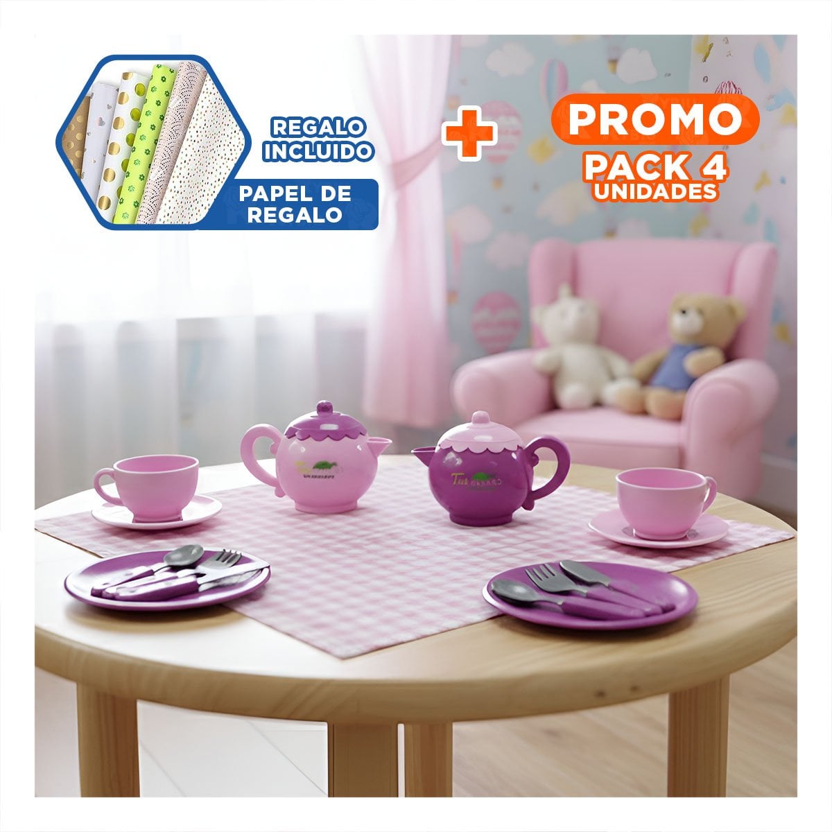 PACK4 PACK DE MENAJE PARA FIESTA HOGAR DECORACION MESA ROSADO PARA MESA YPAPEL REGALO - 1