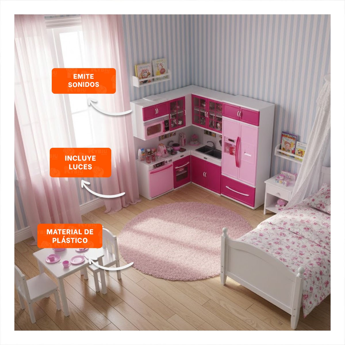FUNCIONAL COCINA MODERNA DE JUEGO CON LUZ Y SONIDO ROSADO PARA HOGAR YREGALO STICKER - 5