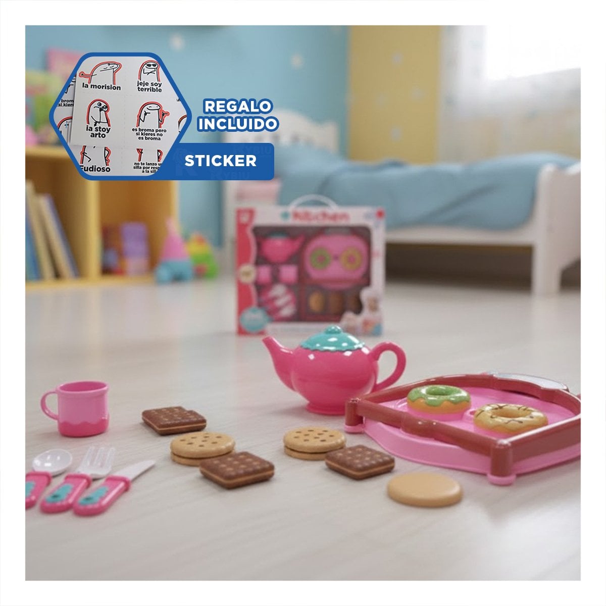 PROPUESTA HOGAR DONUS Y GALLETAS CON MENAJE ROSADO PARA COCINA DECORATIVA YREGALO STICKER - 1