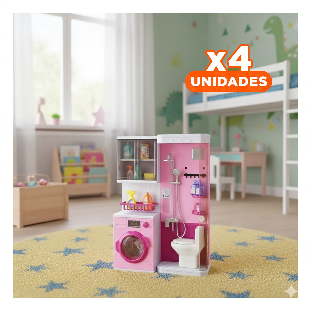 PACK4 ESPACIO DOMESTICO DE BANO DUCHA Y LAVANDERIA ROSADO PARA JUEGO - 1