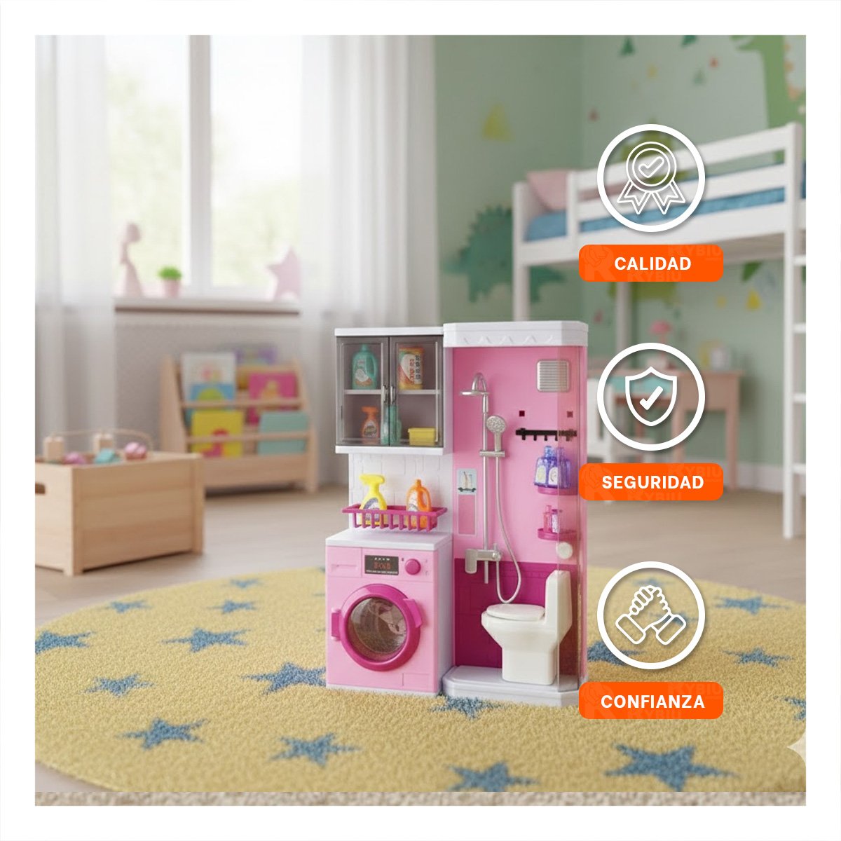 PACK4 ESPACIO DOMESTICO DE BANO DUCHA Y LAVANDERIA ROSADO PARA JUEGO - 3
