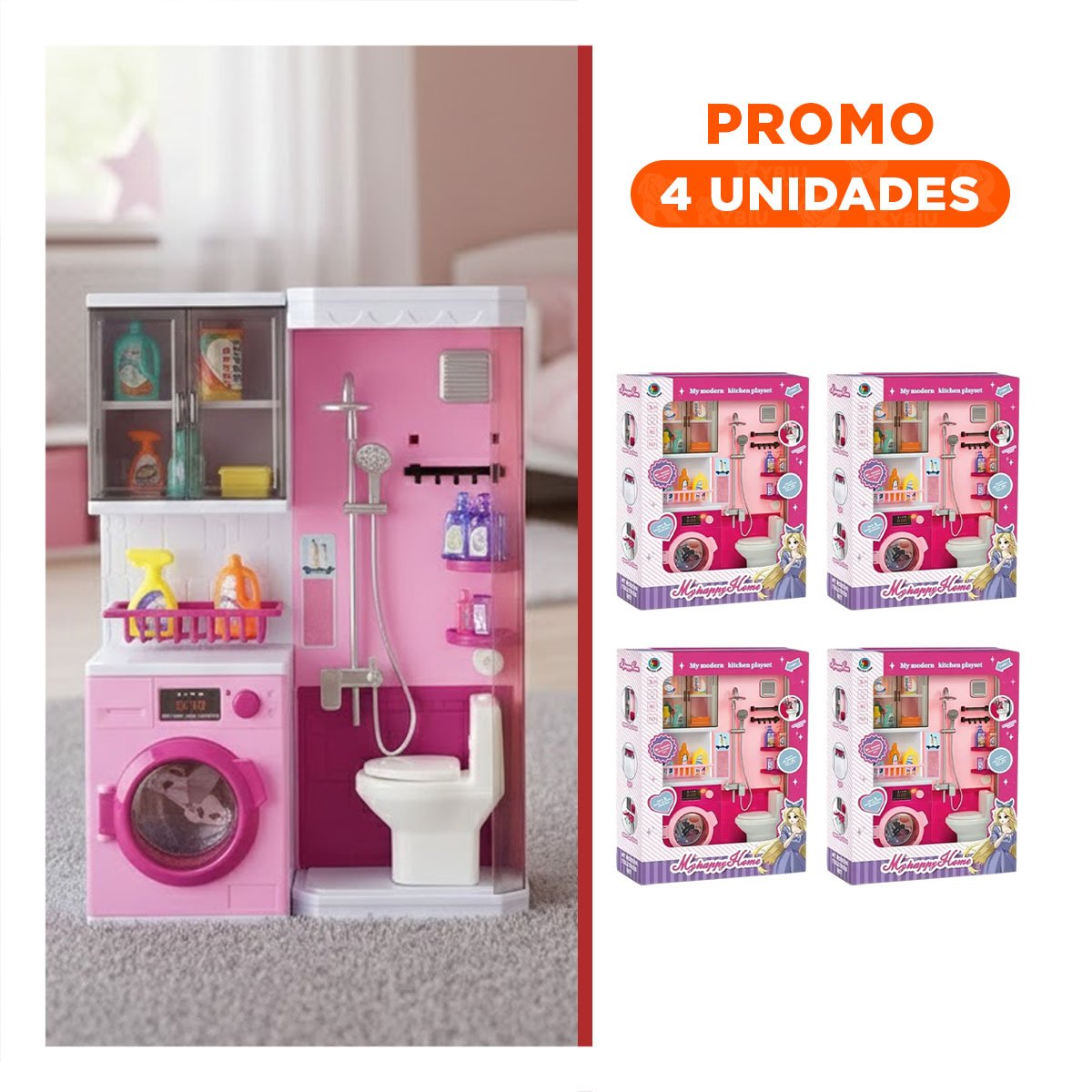PACK4 ESCENARIO HOGAR DE BANO DUCHA Y LAVANDERIA ROSADO PARA DIVERSION YREGALO STICKER - 1