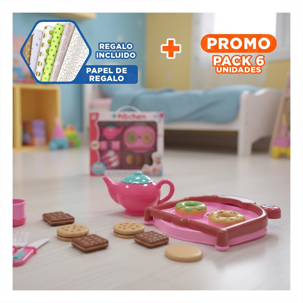 PACK6 ACCESORIO DONUS Y GALLETAS CON MENAJE ROSADO PARA MESA COCINA YPAPEL REGALO - 1