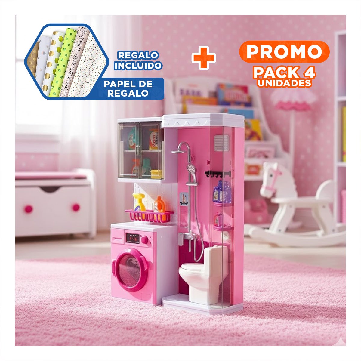 PACK4 AMBIENTE DOMESTICO DE BANO DUCHA Y LAVANDERIA ROSADO PARA CASA YPAPEL REGALO - 1