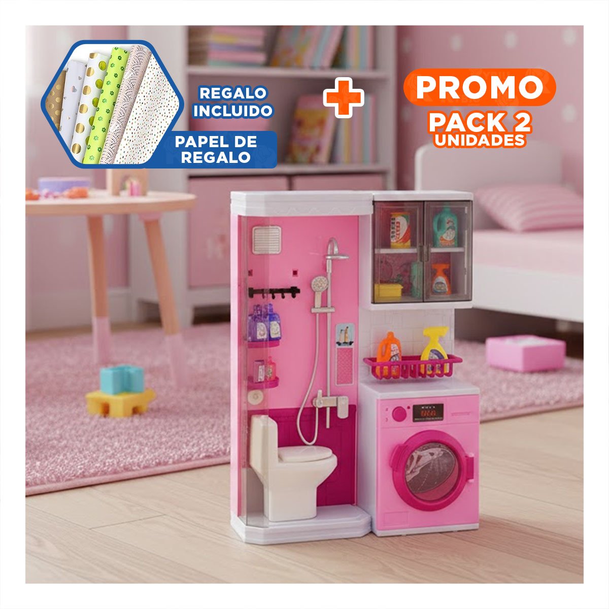 PACK2 ZONA HOGAR DE BANO DUCHA Y LAVANDERIA ROSADO PARA JUEGO EN CASA YPAPEL REGALO - 1