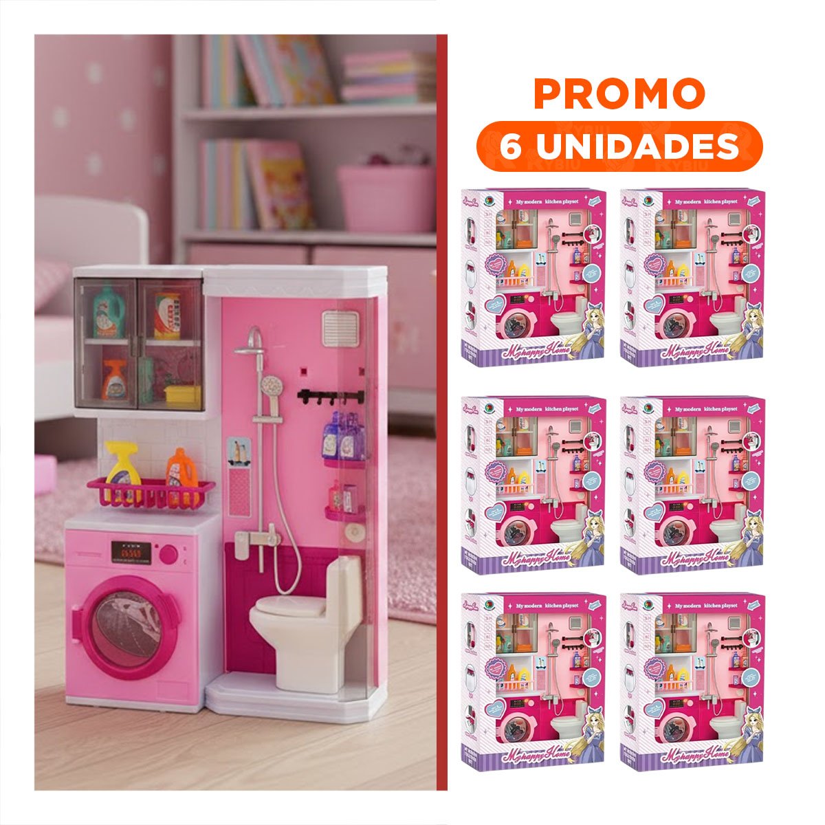 PACK6 LUGAR HOGAR DE BANO DUCHA Y LAVANDERIA ROSADO PARA JUEGO DIARIO - 1