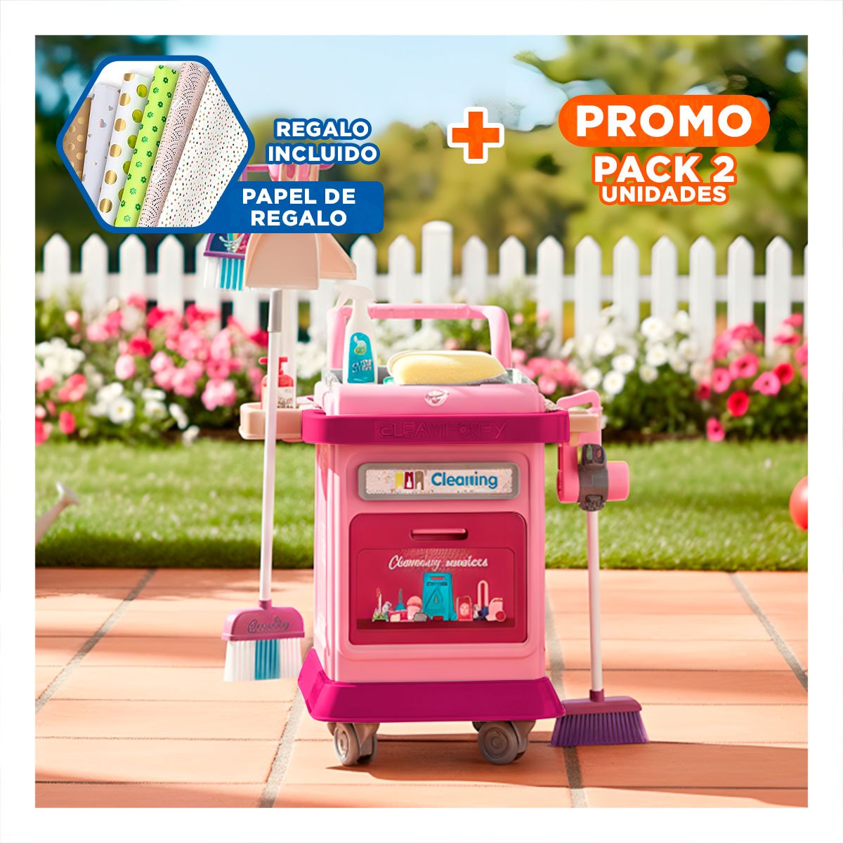 PACK2 LINEA DE LIMPIEZA ROSADO CON CARRO Y ACCESORIOS DOMESTICOS YPAPEL REGALO - 1
