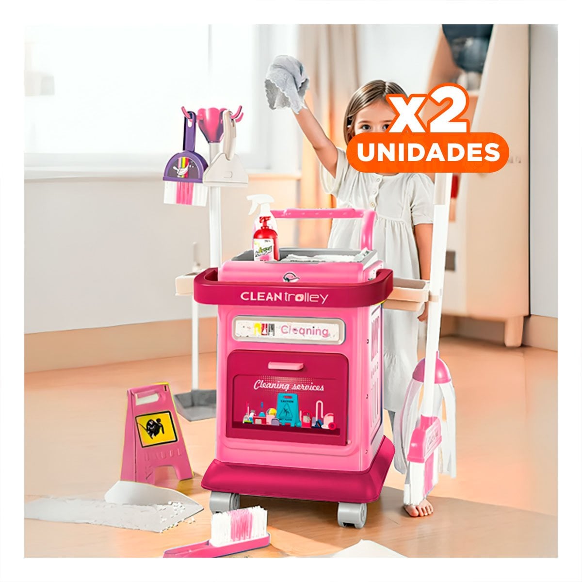 PACK2 VERSION DE LIMPIEZA ROSADO CON CARRO Y ACCESORIOS PARA EL HOGAR YREGALO STICKER - 1